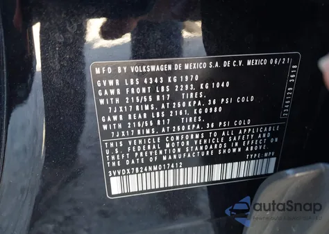 2022 Volkswagen Taos 1.5T S z USA, uszkodzony, nr VIN 3VVDX7B24NM017412